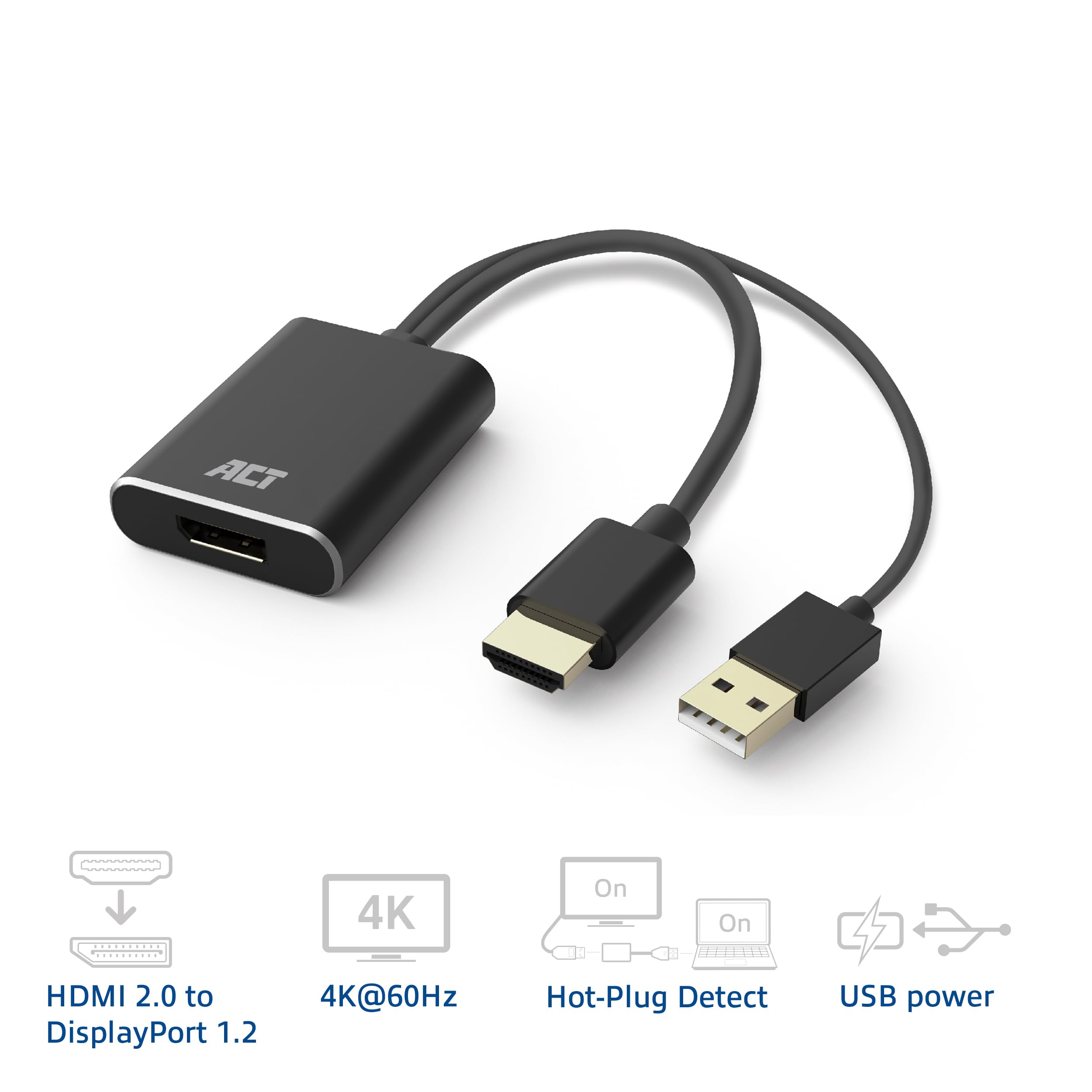 ACT AC7536 Adaptateur HDMI DisplayPort 4 K @ 60 Hz Alimentation USB Adaptateur vidéo Actif HDMI 2.0 vers DisplayPort 1.2 Détection à Chaud