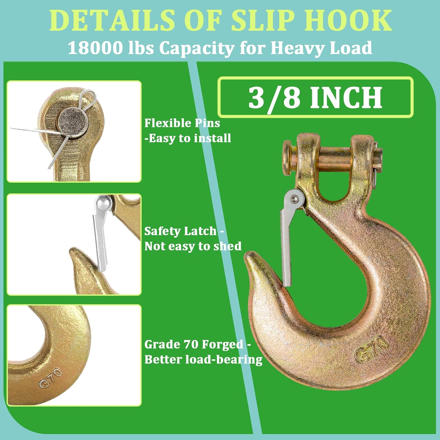 3/8" Heavy Duty Slip Hook, 4 PackGrade 70 Forged Steel Clevis Chain Hook with Safety Latch for Trailer Truck Transport Chain, 18,000 Lbs Working Load Limit, Trailer Safety Hooks, Tow Hook - Image 3
