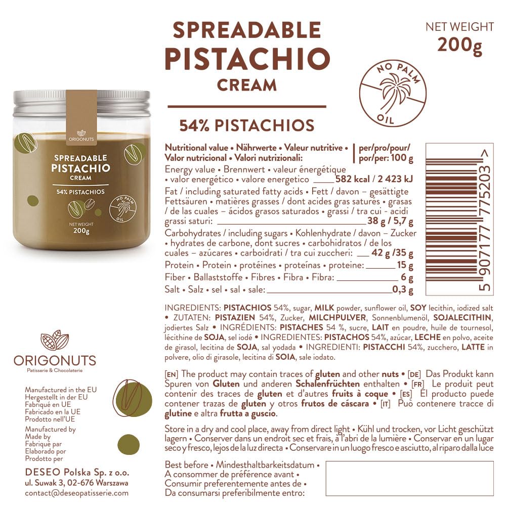 ORIGONUTS, Pate de Pistache 54% Pistaches, Creme Pistache - Base pour Gâteau, Creme, Dessertes, Glace, Patisserie, Chocolat Dubai - Sans Colorants, Sans Huile de Palme - 200 g