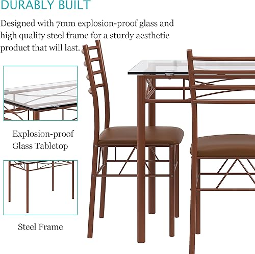 Vista 4 de VECELO Juego de mesa de comedor para 4, mesa de cocina de vidrio de 5 piezas con sillas acolchadas tapizadas para espacios pequeños, rincón