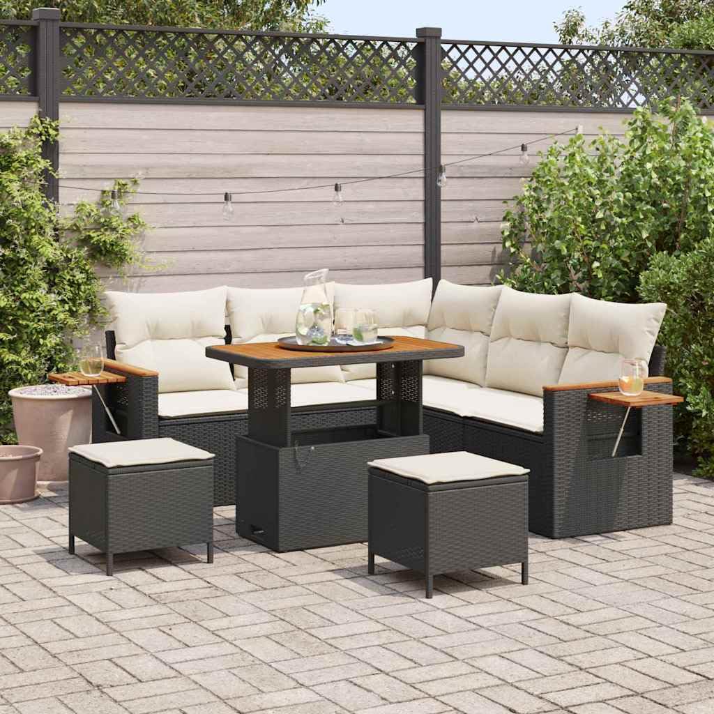 Ensemble de canapé de jardin 8 pièces Noir polyrotin Salon de jardin modulable avec coussins, canapé extérieur robuste pour terrasse patio, set assise résistant aux intempéries, confortable 7 places