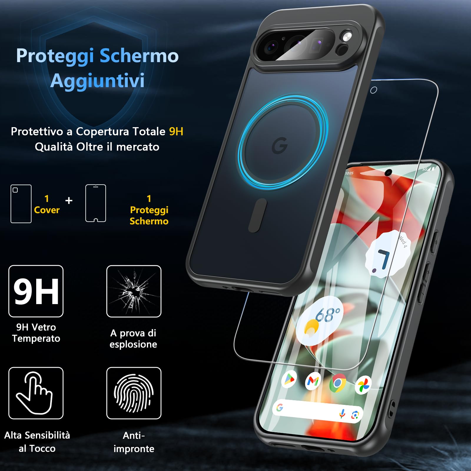 Hensinple Cover Magnetica per Google Pixel 9 Pro XL con Vetro Temperato, Compatibile con MagSafe, Custodia Traslucida Opaca Posteriore Resistente ai graffi TPU Bumper Antiurto Protettiva Case, Nero