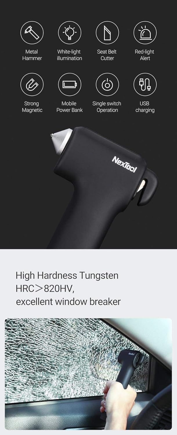 N20 AIGOD Outdoor Survival Multi-Functional Car Window Glass Breaker Rescue Hammer Black 7.1 x 3.4 x 1.06