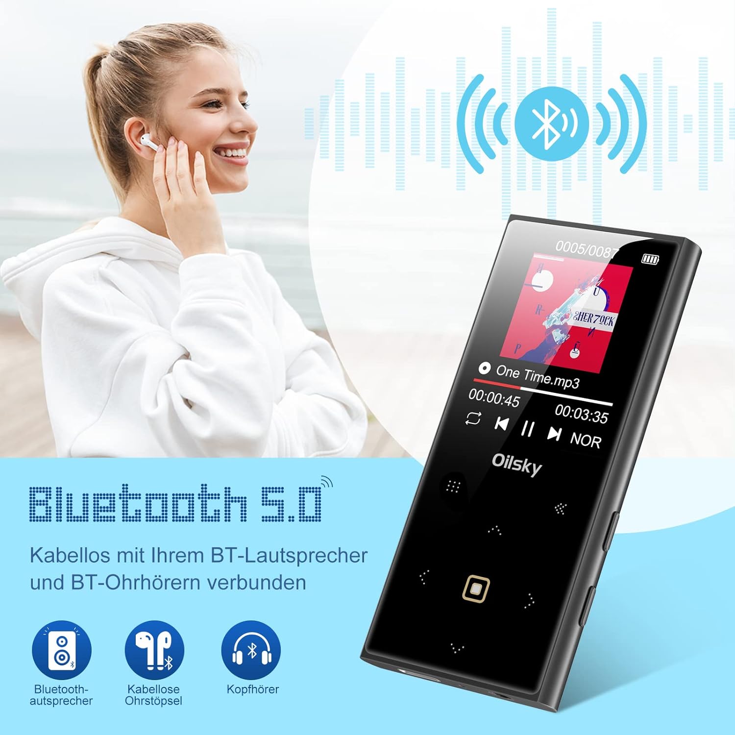 Woman listening to music wirelessly with the MP3 player, highlighting Bluetooth 5.0 feature
