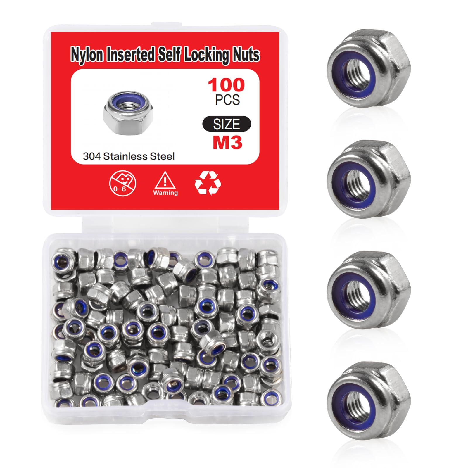 SPEEDWOX 100 PCS M3 x 0.5mm Nylon Insert Nuts Locknuts, Self-locking Nut 304 Stainless Steel, Hexagon Lock Nut with Storage Box for Lock Washers