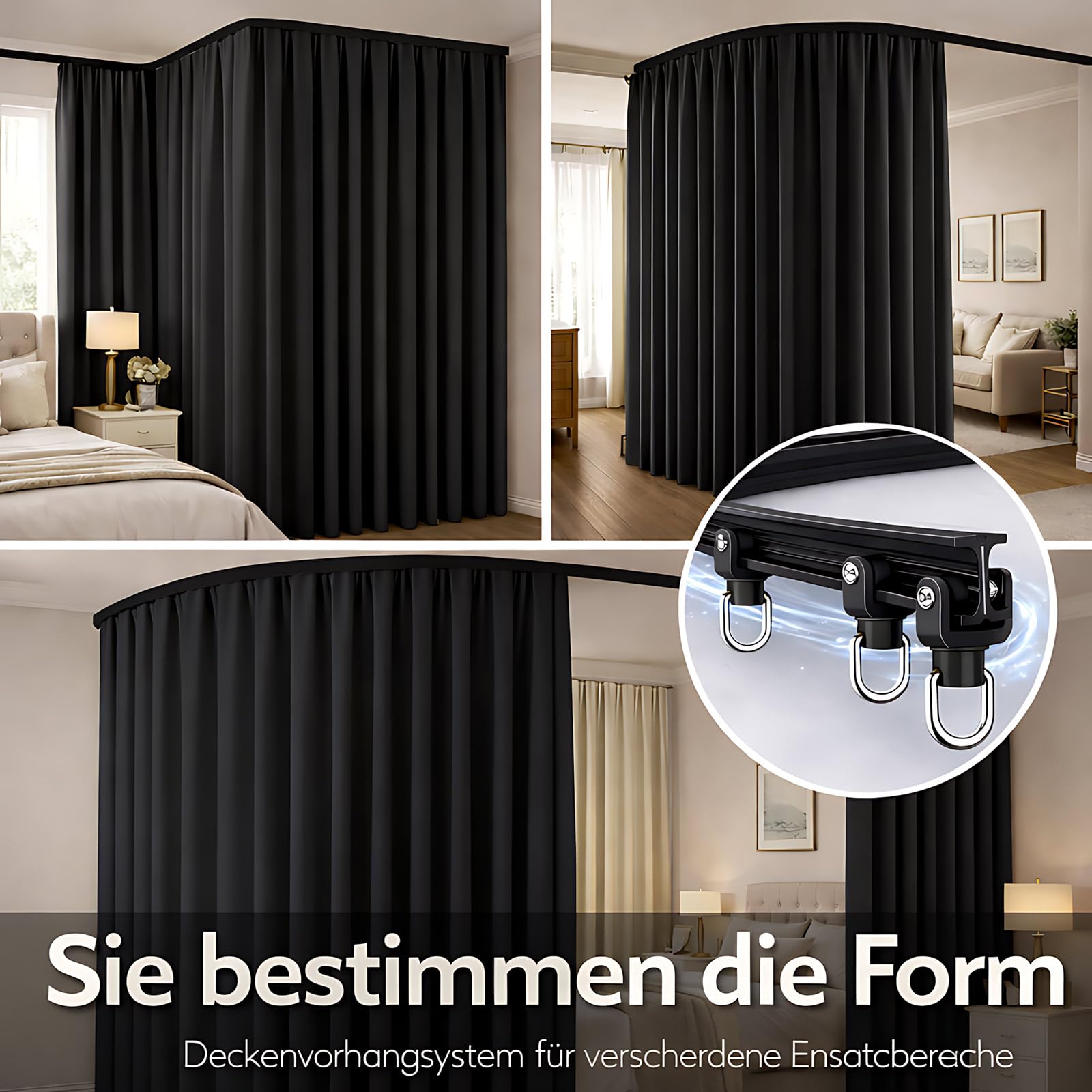 JILRON Raumtrenner Vorhang,Deckenmontage Auf Schienen,Raumteiler Für Flexiblen Sichtschutz (Schwarz - H243 x B540 cm)