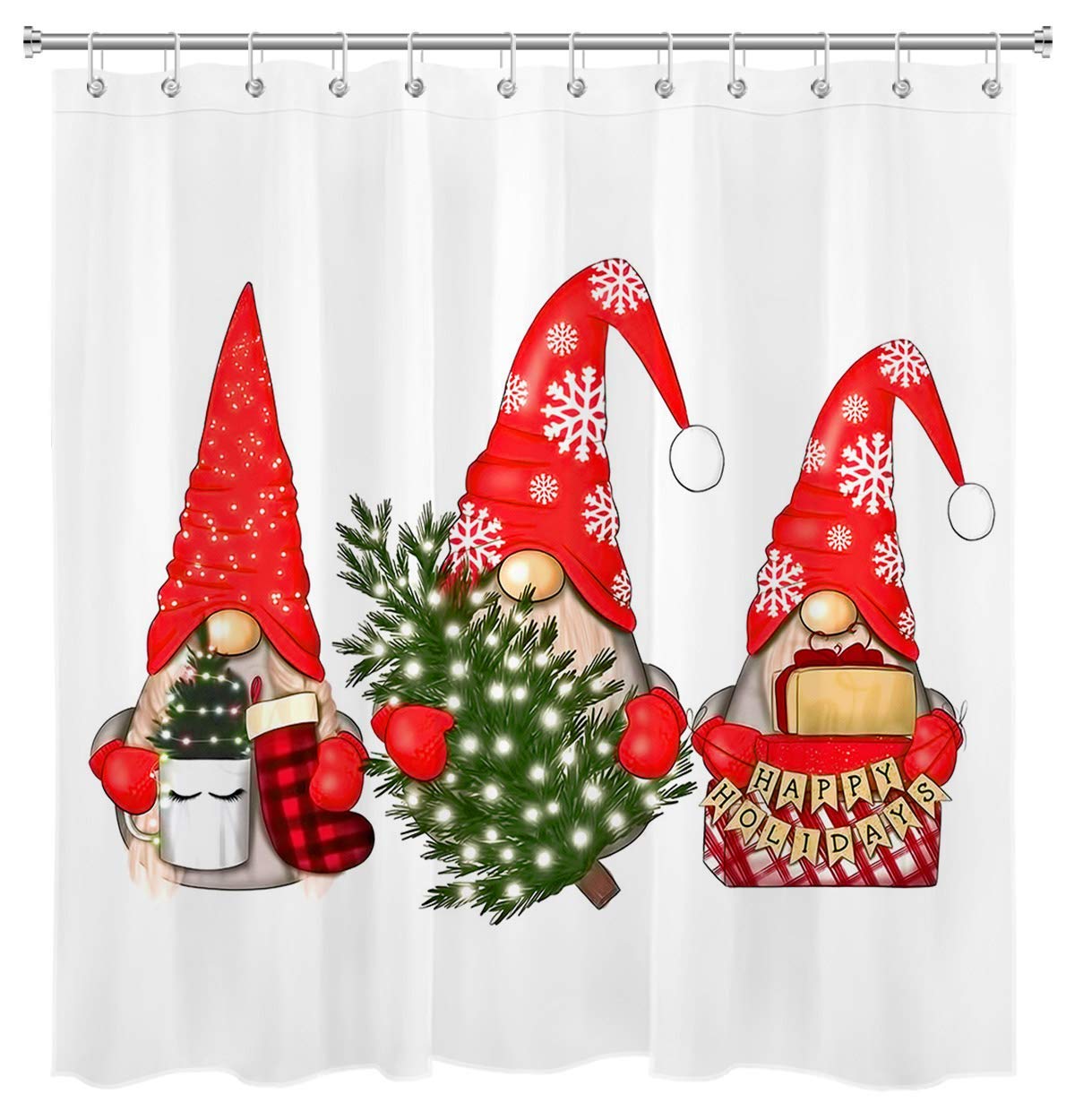 Sonernt Cute Gnome Shower Curtain for Bathroom with Snowflake Pattern Santa Hat Christmas Tree Winter Christmas Bathroom Decor Waterproof Shower Curtain Set with 12 Hooks
