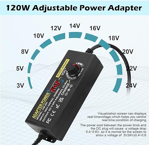 Miniatura 2 de Adaptador de corriente ajustable, Towisituati Universal 3V  24V Fuente de alimentación 5A 120W ACDC Variable AC 100V-240V Adaptador de fuente de