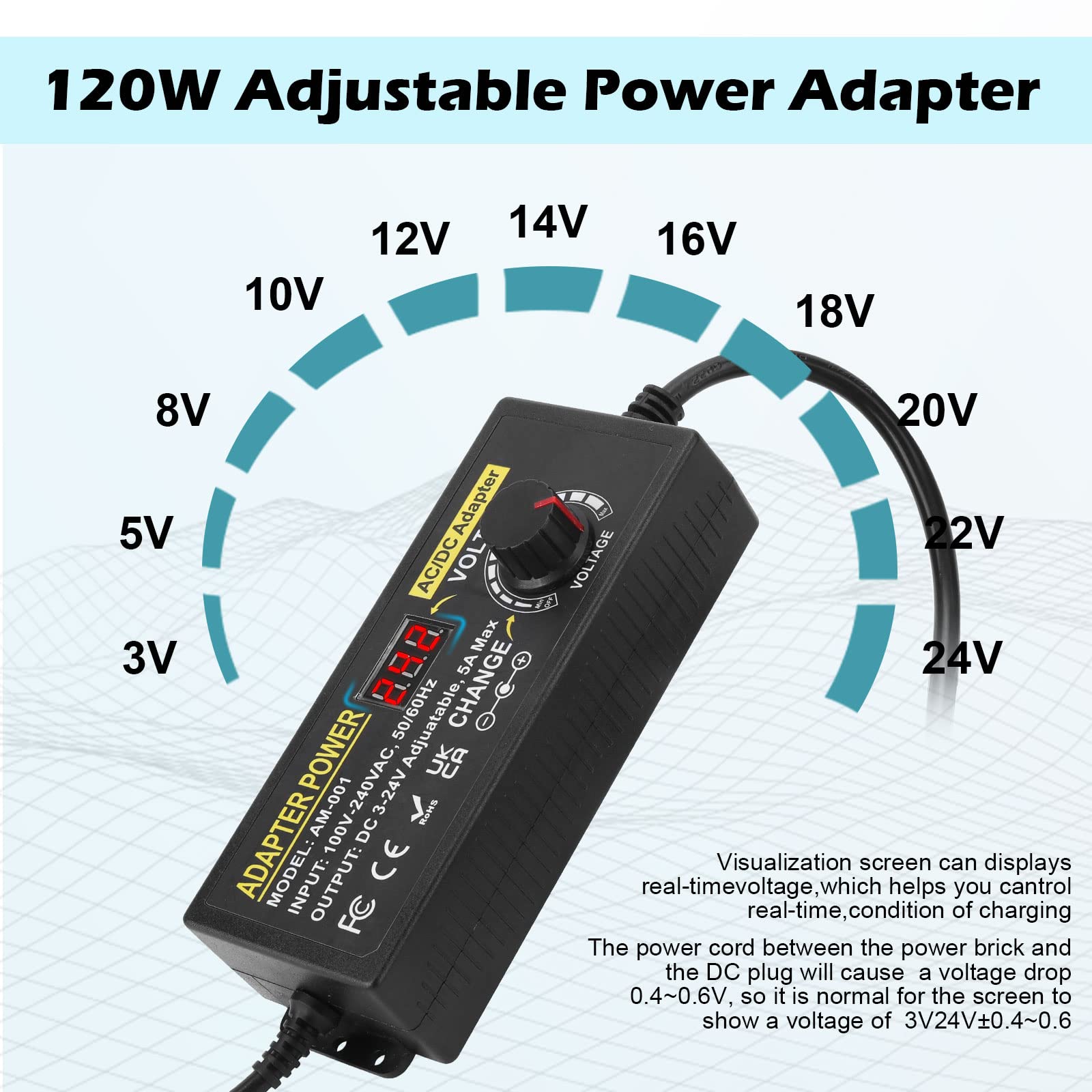 5A 120W Adaptador de Corriente Ajustable,Adaptador Universal de Corriente AC/DC 3V~24V Ajustable, Convertidor de 100V-240V AC a DC con 14 Puntas y Cable de polaridad de Corriente-5A Máx