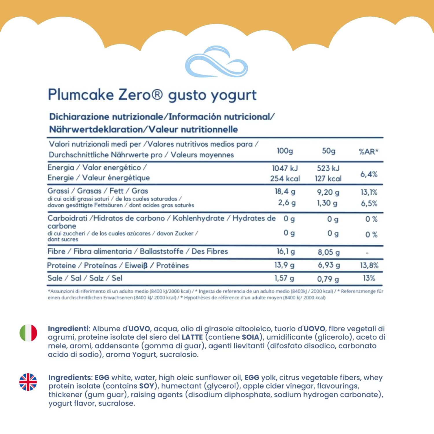Nuvola Zero - Plumcake allo Yogurt Senza Carboidrati, Merendine Senza Lattosio, Senza Zuccheri, Senza Glutine, Ricco di Fibre, Confezione 12pz, Made in Italy