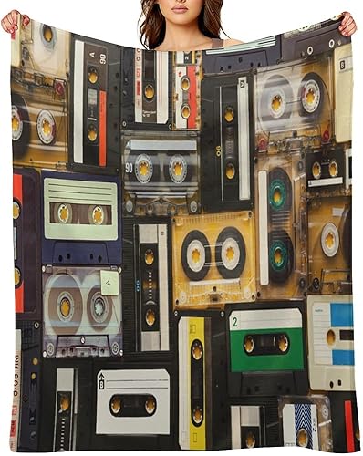Colorful 80s Cassette Tape Flannel Blanket,Rustic 70s 80s Retro Style Mechanical Watercolor Tapes Soft Warm Lightweight Throw Blanket Bedding Sofa