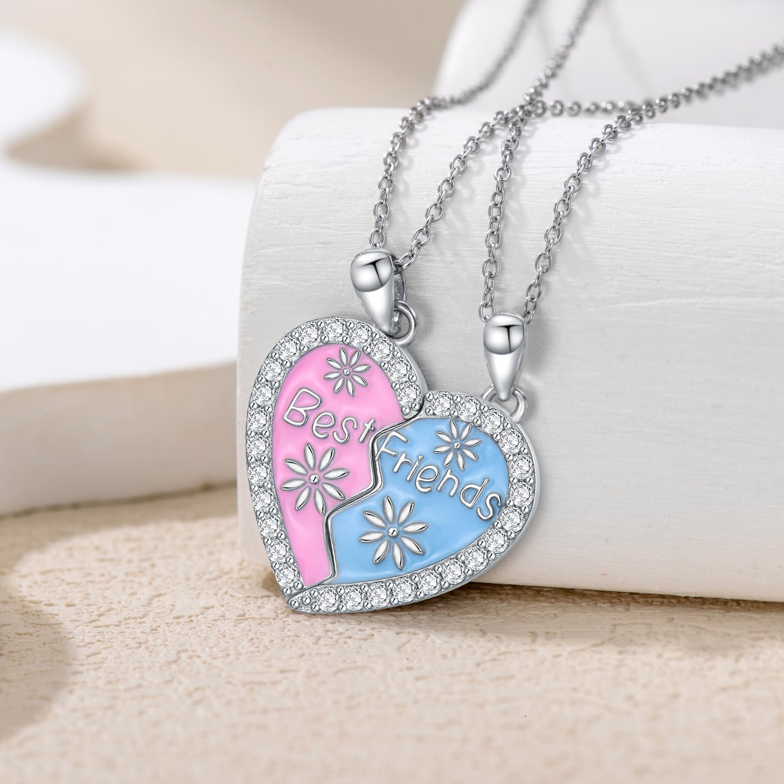 BFF-Halskette für 2, Sterlingsilber, passende Freundschaftsketten mit Herzanhänger, zierlicher Schmuck, Geschenke für die beste Freundin