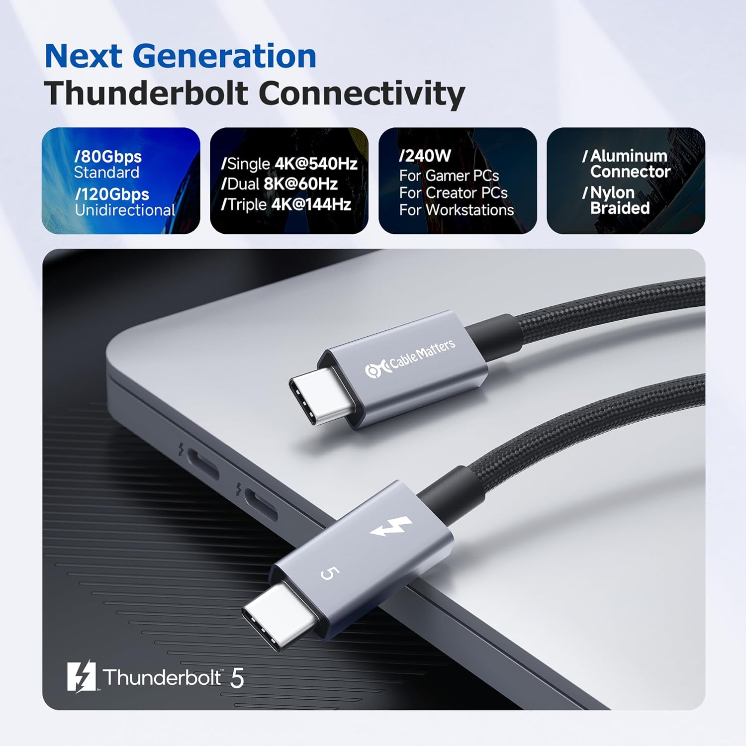 [Intel Certified] Cable Matters 80Gbps Premium Braided Thunderbolt 5 Cable with up to 120Gbps Bandwidth Boost and 240W Charging in Black- 0.5m / 1.6ft, Compatible with Thunderbolt 4/3, USB4, and USB-C - Image 2