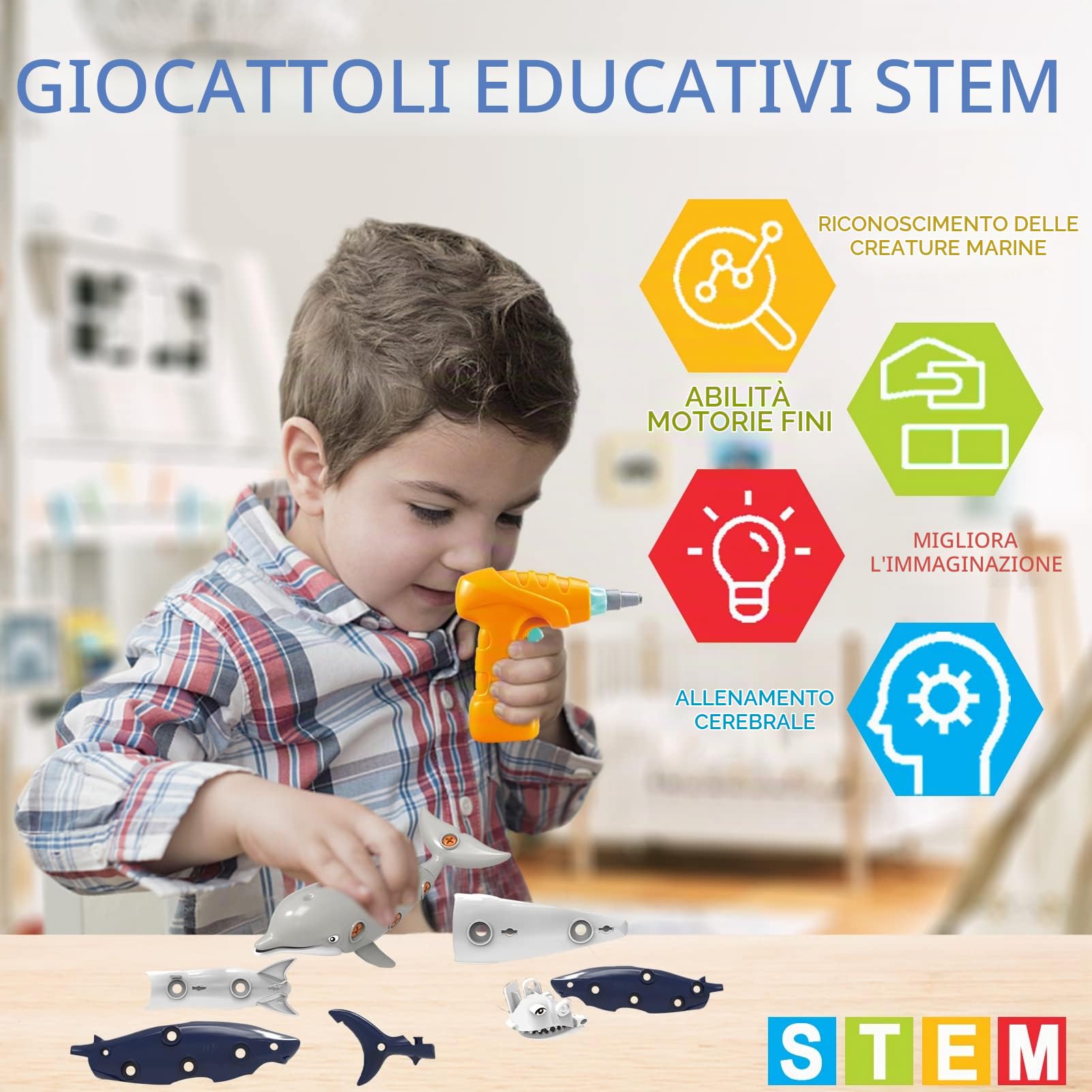 KAEGREEL Animali Marini Giocattolo per Bambini con Trapano Elettrico, Squalo Orca Dolphin Balena Animale Oceanico Costruzioni Giocattoli Puzzle Giochi DIY Regali per Ragazzi Ragazze 3 4 5 6 7 8 9 Anni