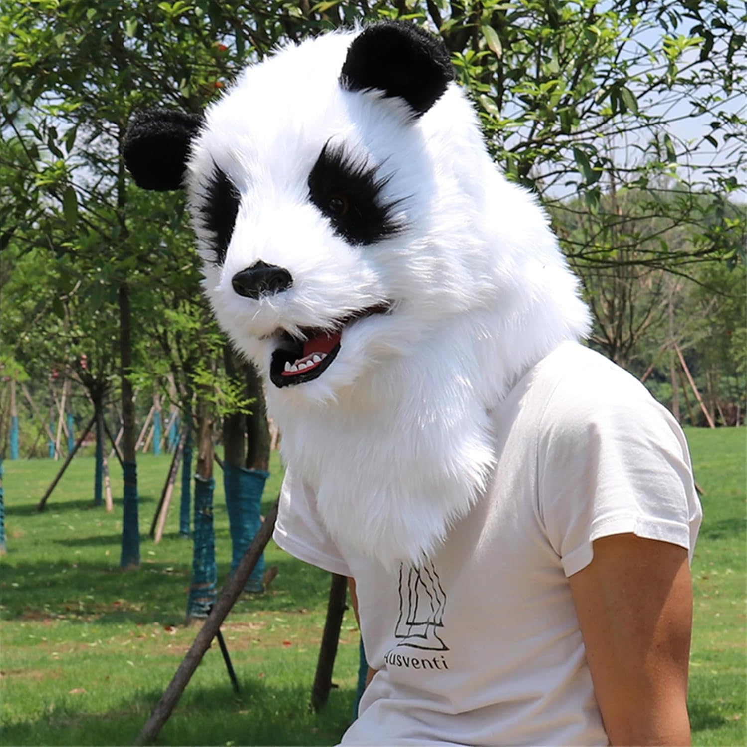 Realistic Furry Panda Mask with Moving Jaw,Full Head Mouth Movable Panda Masks,Lighted Up Green Eyes Pandas Masks Costume for Halloween Cosplay Animal Party