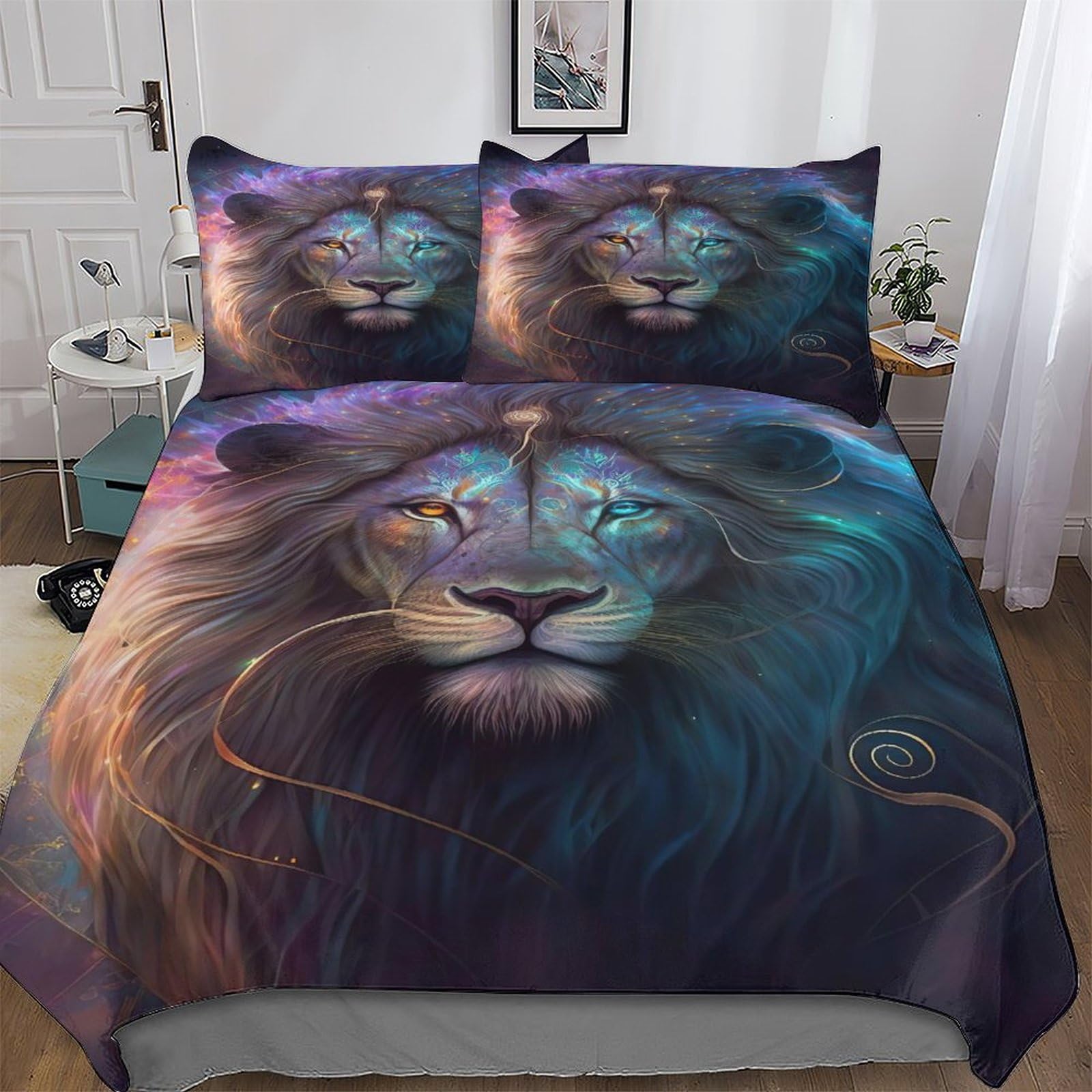 Lion parure de lit housse de couette 3 pièces microfobre 200x200cm adulte
