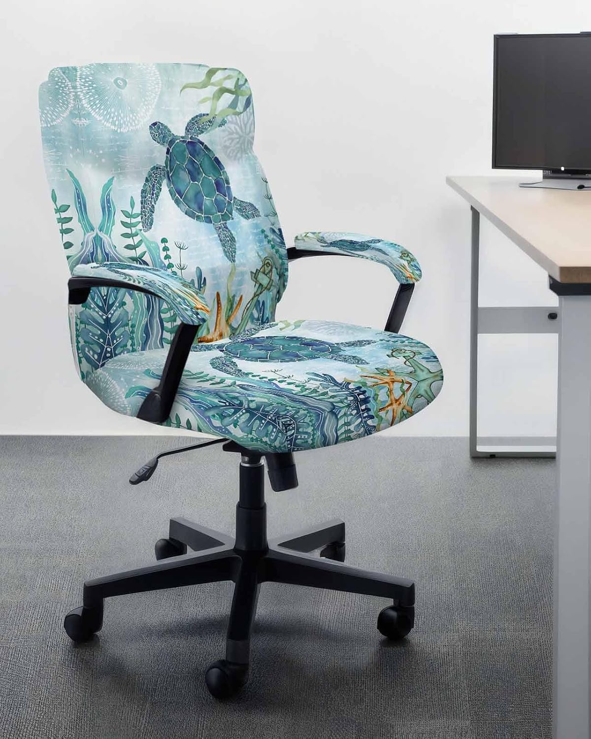 DecorLovee Coastal Sea Turtle Office Chair Cover with Armrest Covers & Zipper, Teal Blue Nautical Summer Beach Coral Spandex Computer Chair Covers, Universal Desk Chair Slipcovers Protector, L