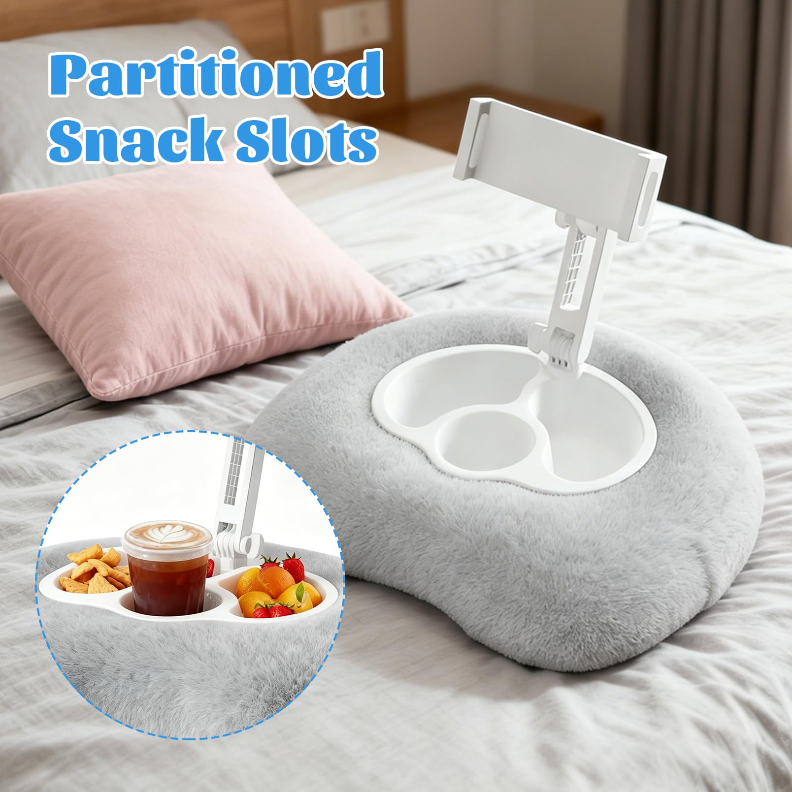 JAOGAUS Soporte para tablet, soporte ajustable para Kindle para leer | Con 3 cuencos para aperitivos, compatible con teléfonos de 4,7 a 13 pulgadas, tabletas y dispositivos Kindle (gris)