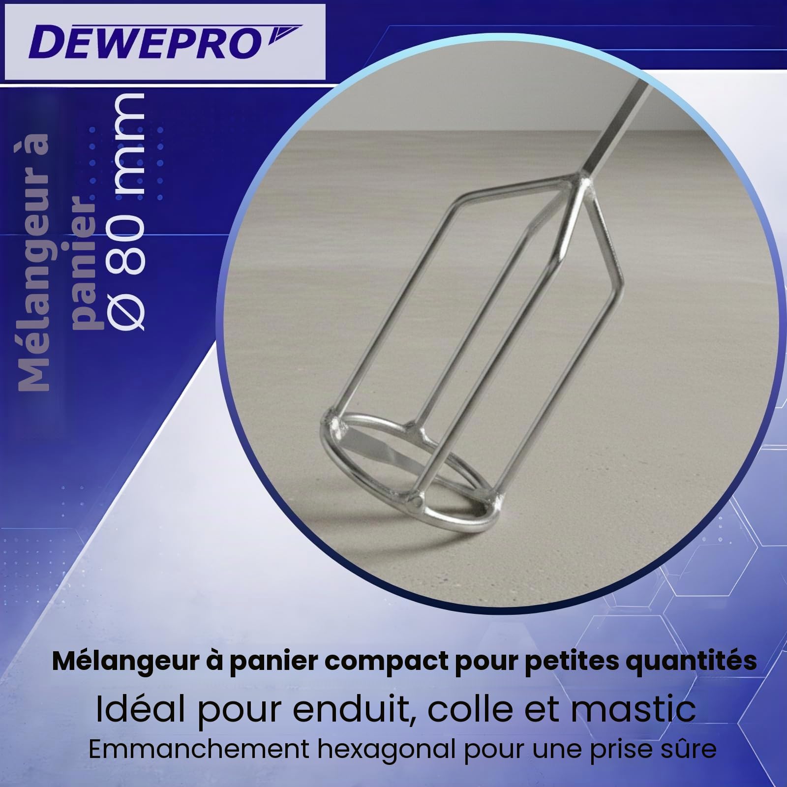 DEWEPRO® Mélangeur à Mortier avec Anneau Ø80mm - Agitateur à Panier avec Emmanchement Hexagonal avec Tige Hexagonale pour Perceuse/Viseuse - Longueur 500mm - Idéal pour Peinture, Colle, Enduit