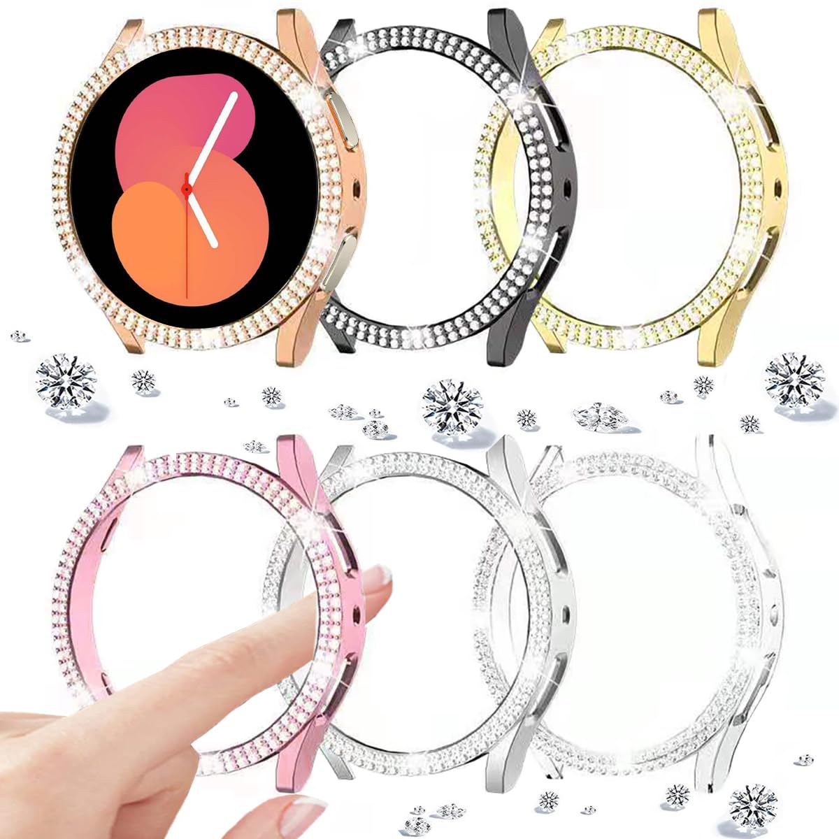 DEALELE [2-PACK] Case Compatible with Samsung Galaxy Watch 5/4 44mm, Bling Single-Row Diamond PC Protective Case Replacement Watch Cover Bumper (44mm, Gold+Transparent) — view 28