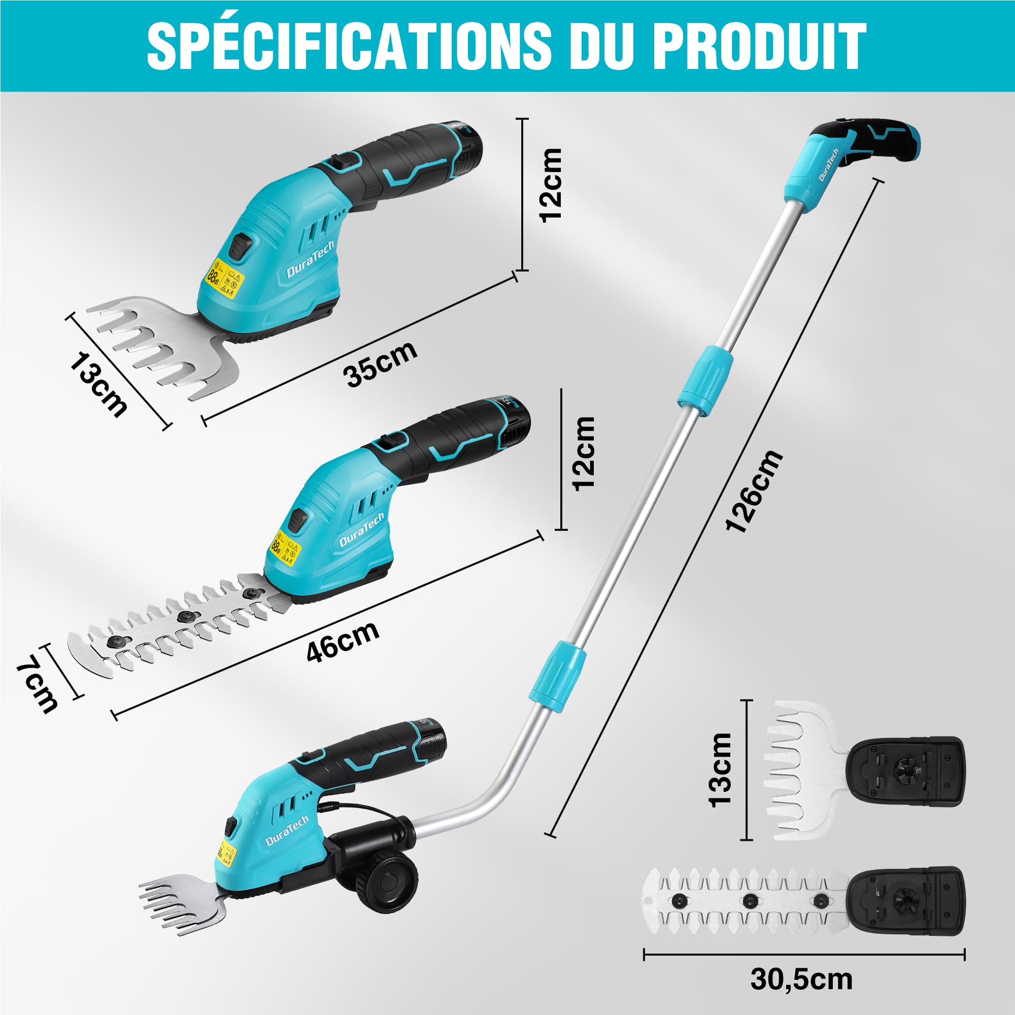 DURATECH Cisaille Sculpte-Haie Électrique et Taille-Herbes Téléscopique sans Fil 12V, Cisaille à Gazon 2 en 1, Largeur/Longueur de Coupe 12/16 cm, Batterie 2000mAh, pour Coupe, Élagage, Bleu & Noir