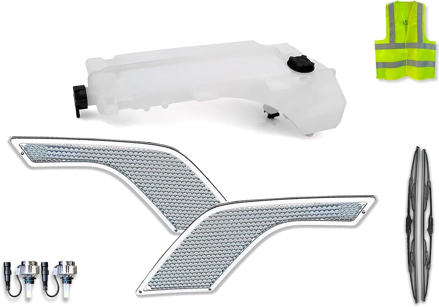 KOZAK Overflow Coolant Reservoir Tank with Cap and Sensor Direct Replacement (22564837) + Chrome Air Intake SET Compatible with V0lv0 VNL 2004-2017 PLUS Logo, Wipers, 2x 12V LED Bulbs and Vest