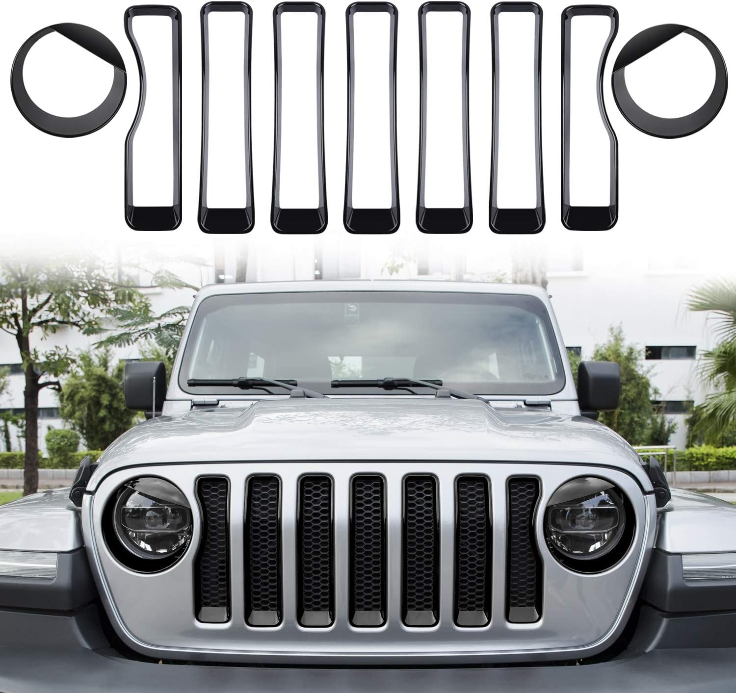 Danti Mesh Grille Grill Insert+Headlight Turn Light Cover Trim for for 2018 2019 Jeep Wrangler JL Sport/Sports (9 pcs/Set)