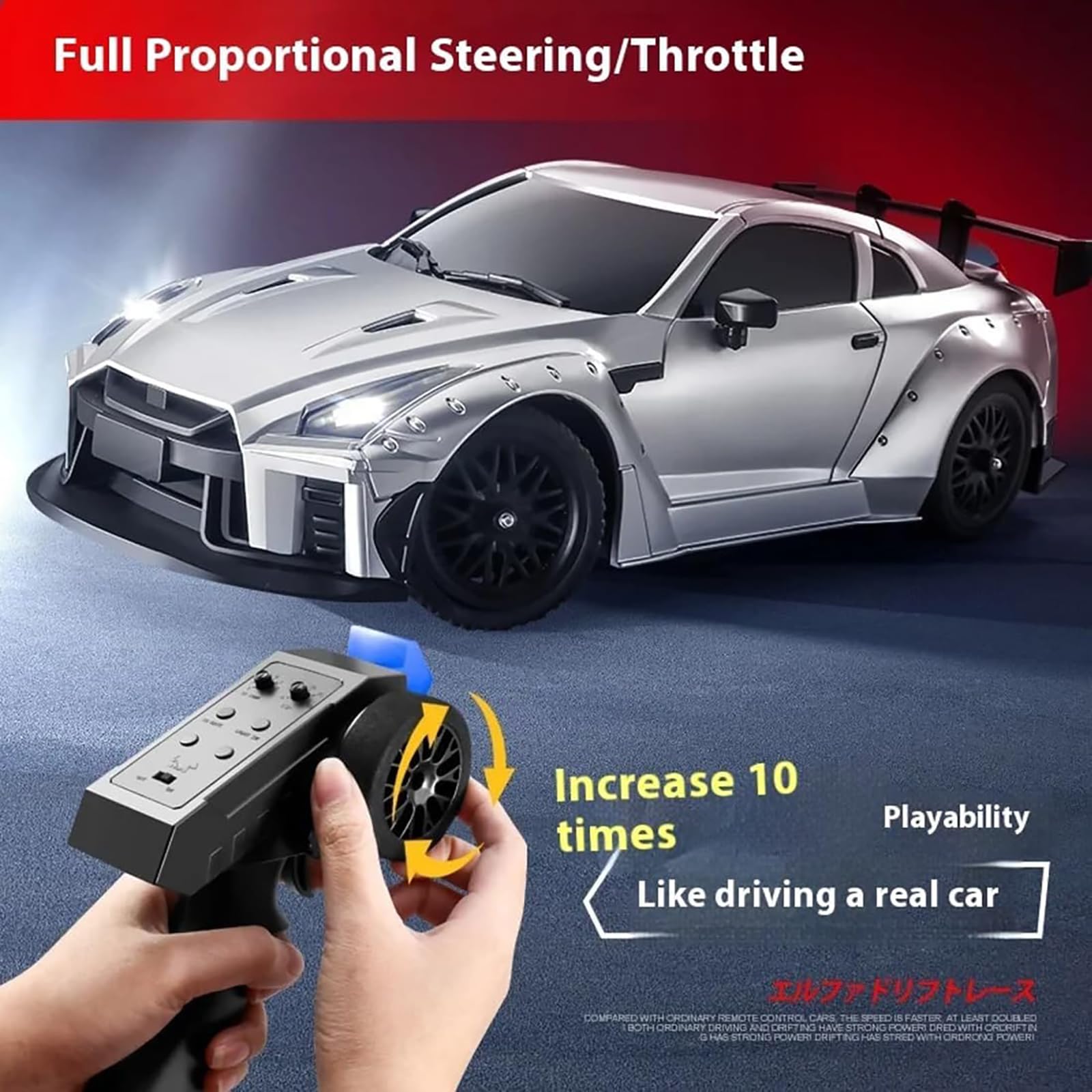 RC Drift Car dla dorosłych, zdalnie sterowany model samochodu wyścigowego w skali 1/16 2,4 GHz, RC Drift Vehicle z podwójną prędkością, podwójnymi oponami i światłami LED,Silver,1 Battery