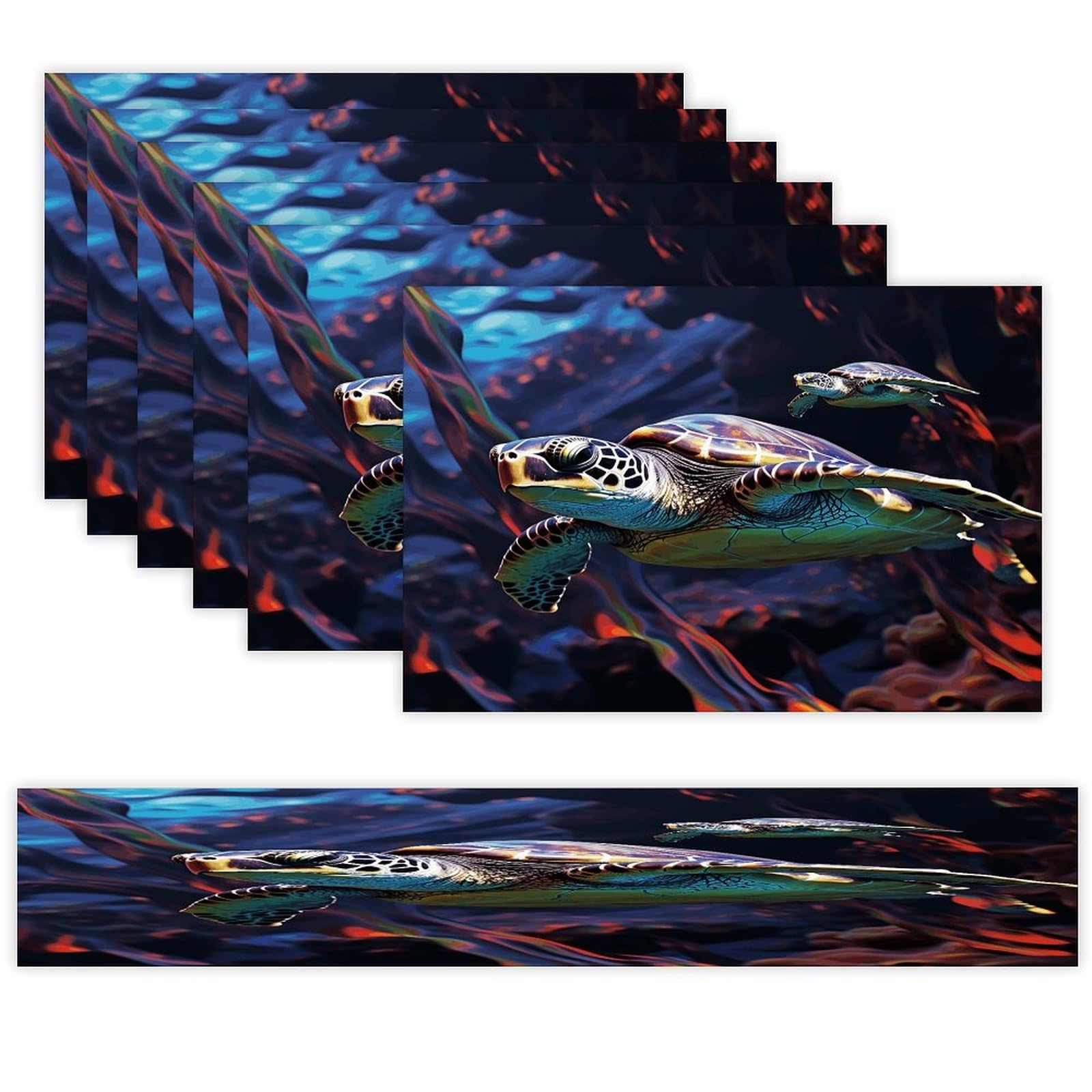 A Colorful Tropical Sea Turtle Table Runner and Placemats Set of 6 Wipe Clean Heat Resistant Table Mat with Table Runner Decorations Flax Linen Place Mat Set for Home Kitchen Party Supplies