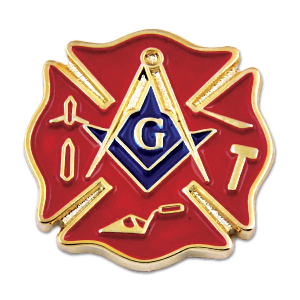 Firefighter Working Tools Square & Compass Masonic Lapel Pin - [Red & Gold][3/4'' Tall]