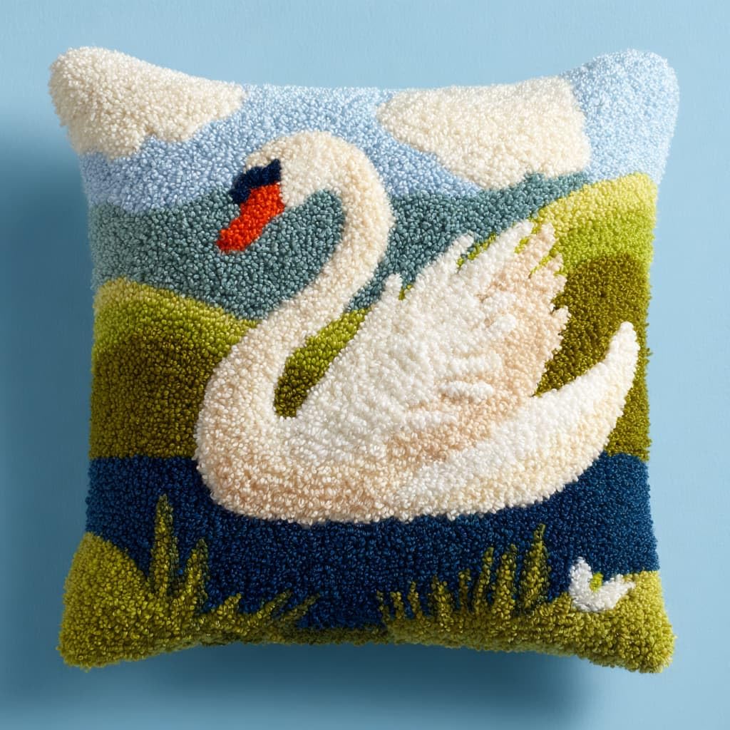 Taxpy Latch Hook Pillow Case Embroidery Kits, White Swan DIY Needlework Latch Hook Cushion Cover Kits,Sofa Cushion Cover,17x17inch