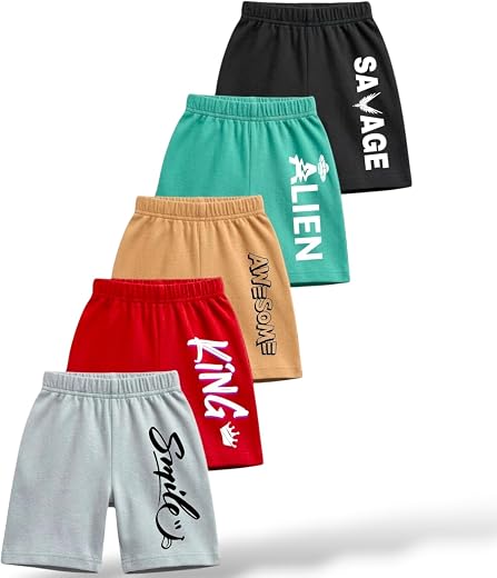 TINNYTREND Boys Cotton Printed Shorts | Elastic Waist| Summer Wear Shorts for Kids - Pack of 5 (512)
