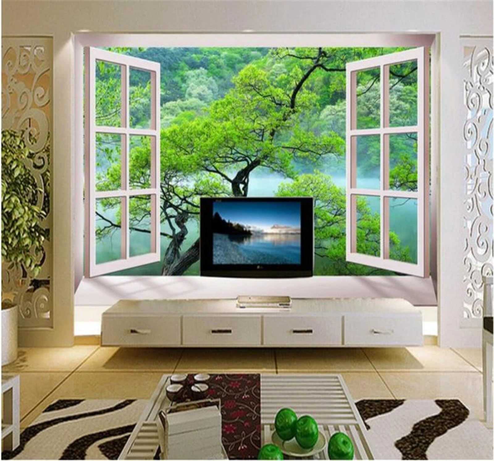 XLMING Three Dimensional Green Forest Window Spatial Expansion 3D Wallpaper Luxury Silk Study Dining Feature Sofa Grey Bedroom Living Room Tv Decorative Wall-250cm×170cm