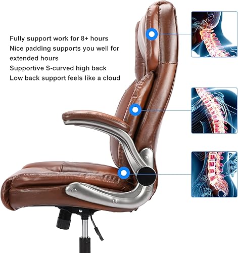 Miniatura 7 de Silla de oficina de cuero marrón con brazos abatibles, sillas de oficina ejecutivas ergonómicas de respaldo alto con ruedas, silla de escritorio de