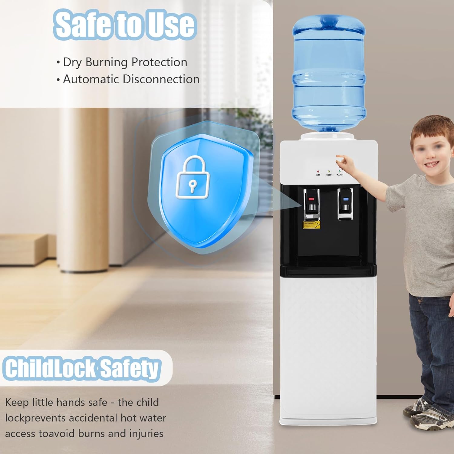 Top Loading Water Cooler Dispenser, Water Dispenser for 3 or 5 Gallon Bottles, Child Safety Lock, Standing Hot& Cold Water Dispenser for Home, Office, Living Room
