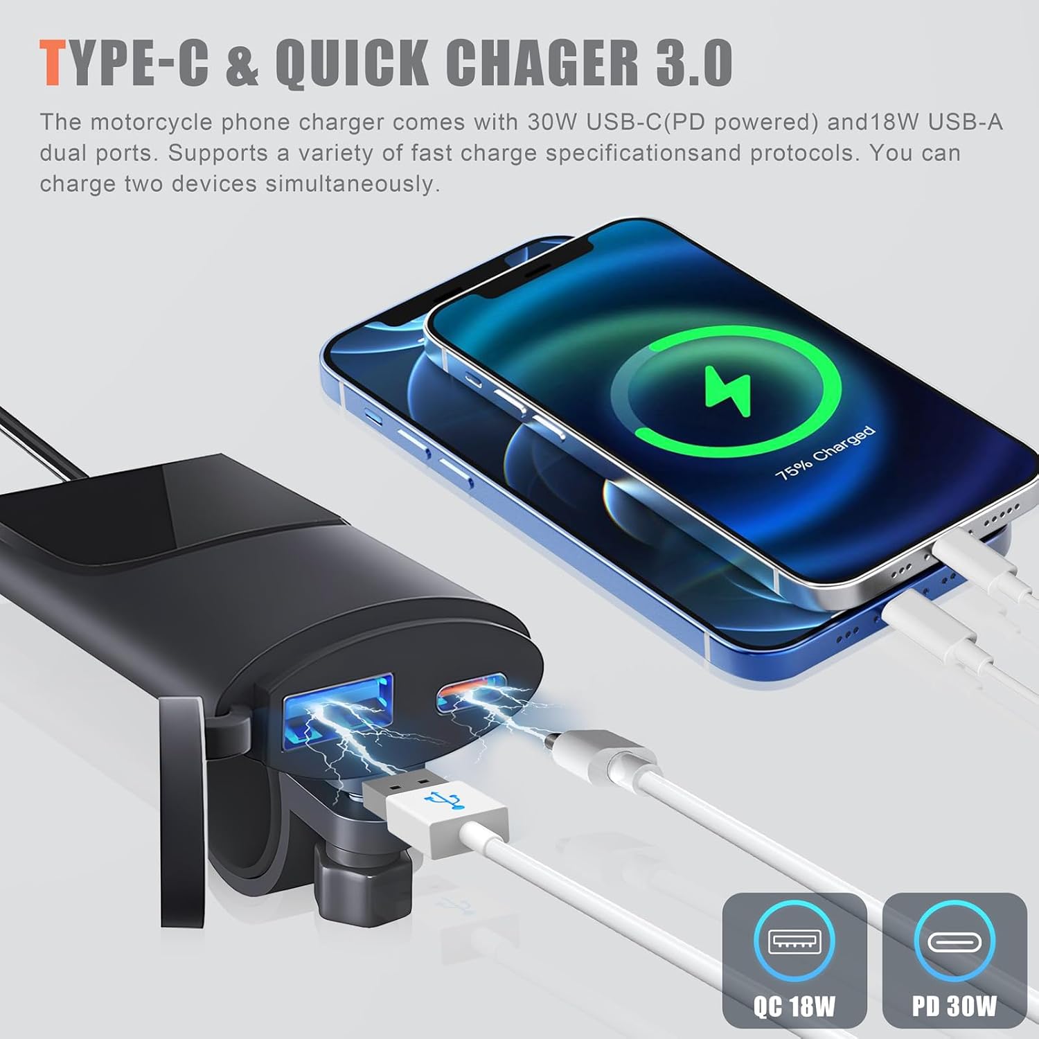 Motorcycle USB Phone Charger Qidoe Dual USB PD & Quick Charge 3.0 Motorcycle Charger Waterproof Motorcycle Accessories for Phone, iPad, GPS, etc image 2