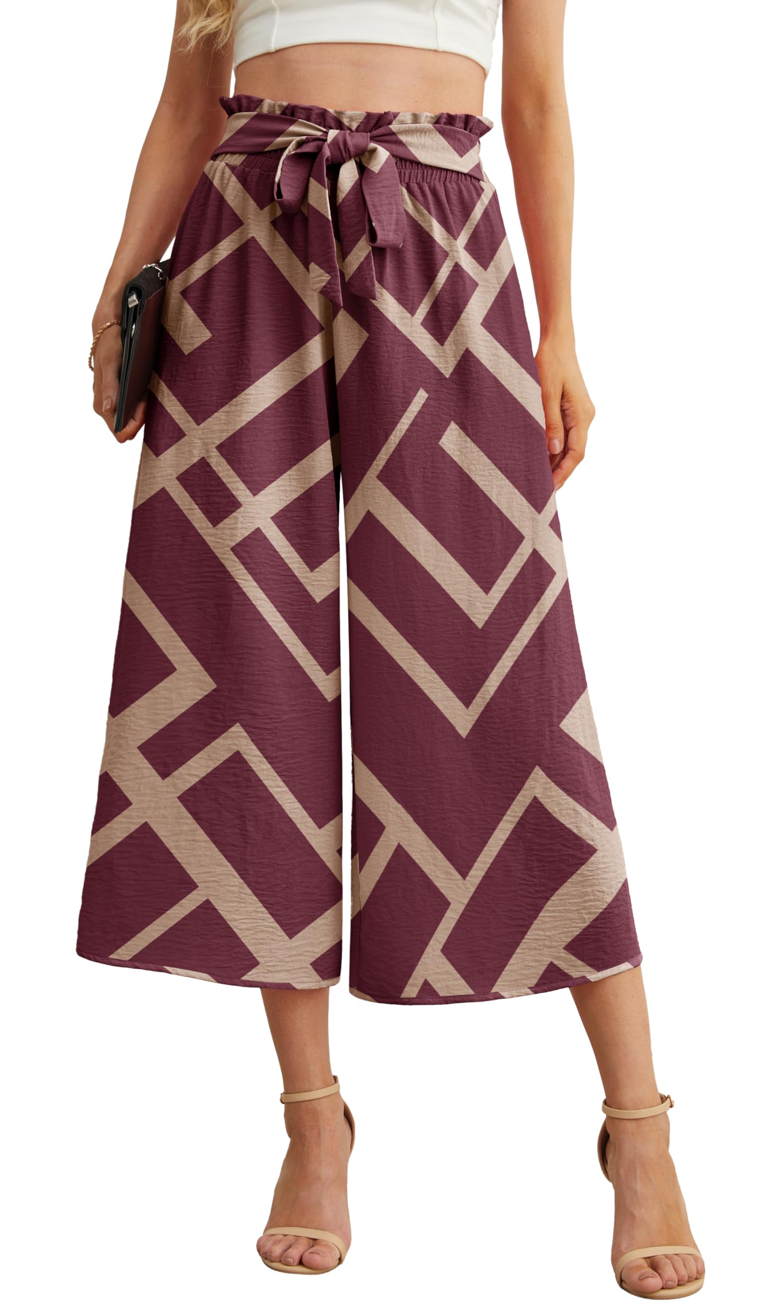 IWOLLENCE Women Flowy Loose Wide Leg Pant Summer Beach Casual Trousers high Waist Adjustable Knot Business Work Casual Pants