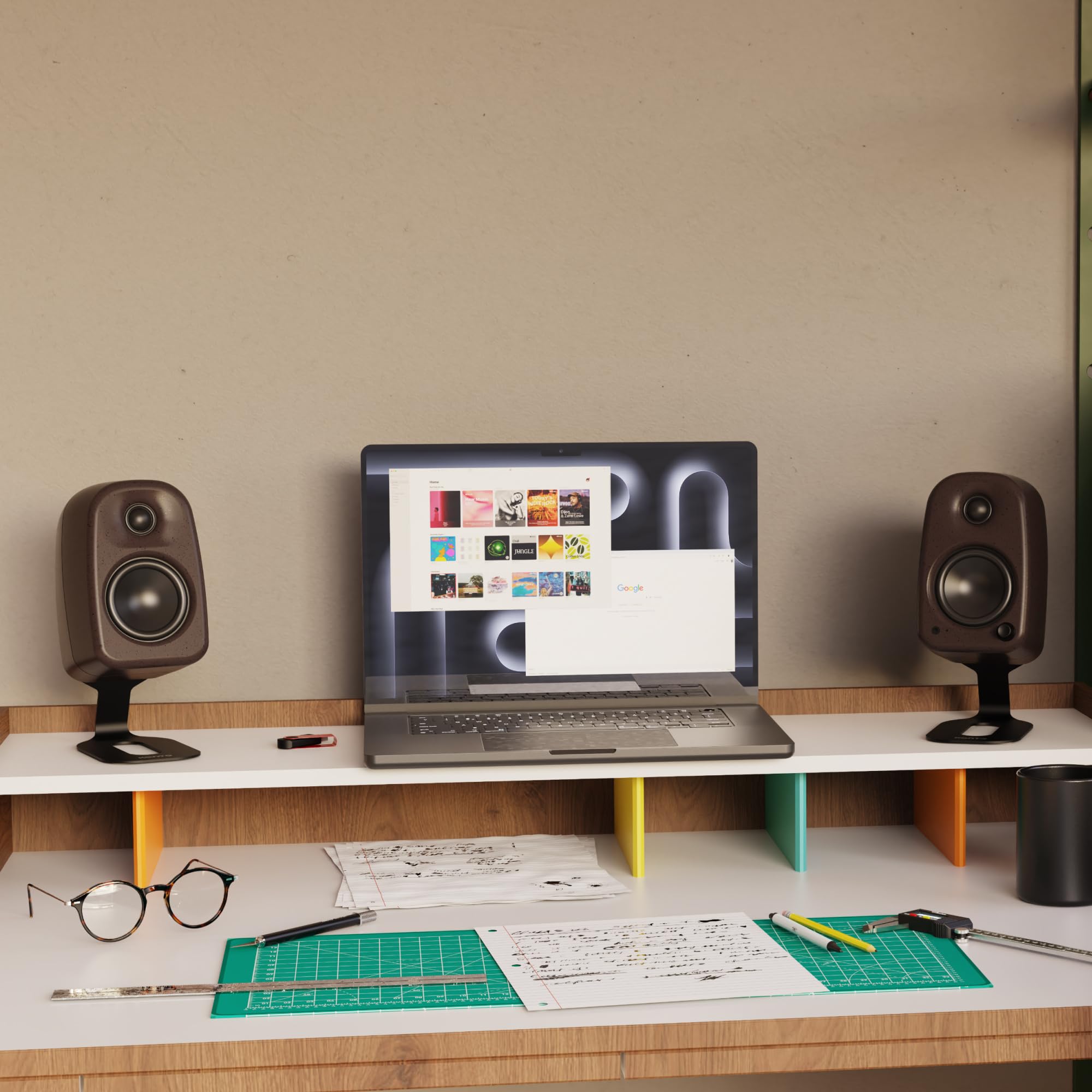Kanto UKI 100 W Active Desktop Computer Speakers with Bluetooth and USB-C | Intelligent Sub Integration | Headphone Out | Pair | Pumice