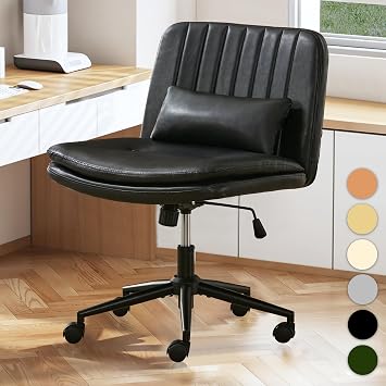 TUNYI Criss Cross Chair with Wheels Armless Wide Cross Legged Office Chair Swivel Height Adjustable Computer Task Vanity Chair with Pillow for Home Office, Dressing Room
