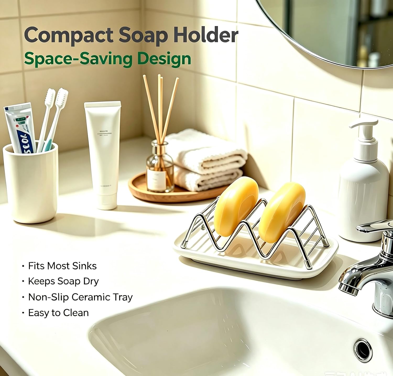 Heavy Weight 3.28oz Soap Dish with Removable Ceramic Drain Tray, 304 Stainless Steel Rustproof Self Draining Holder, Ideal for Regular Bar Soap, Bathroom Kitchen Sink, Creamy White Style No.2 image 3