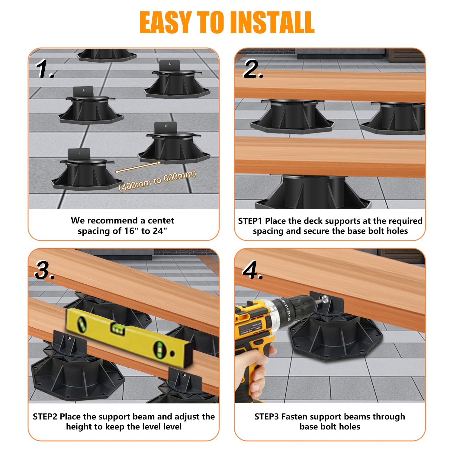 12Pack Adjustable Deck Support Pedestal Deck Foundation Base Support，Used for Floating Deck Platform Deck Floor Height Adjustment Raising, Adjustment Raising from 2-3/8 to 5-1/2, Black