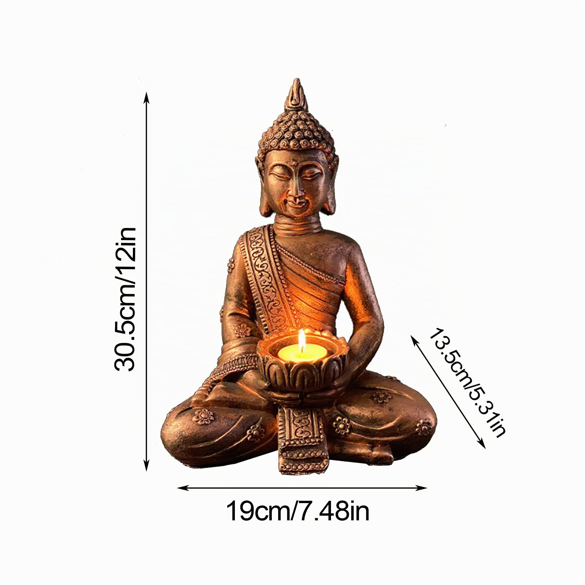 Buda Figurine, Estatua de Buda tailandesa en meditación, estatuilla de Buda sentada con candelabro, Estatua de Buda de poliresina, para Interior y Exterior, Cobre