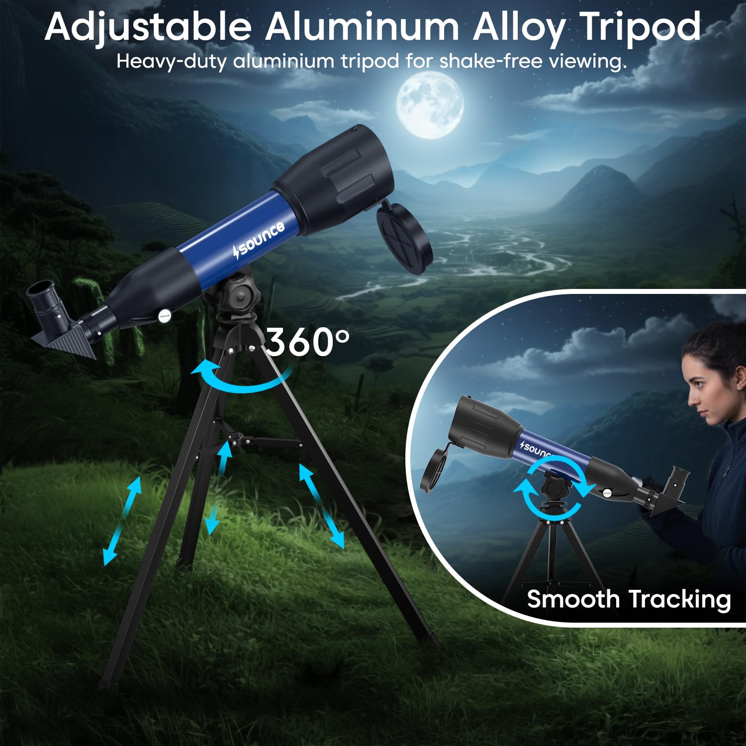 Sounce 50mm Astronomical Land and Sky Refractor Telescope with 28.8x -86.4x Zoom Fully Coated Optics Compatible with Beginner Astronomy Viewing for Kids and Adults Portable Tripod Phone Holder (Black) — Amazon image 6