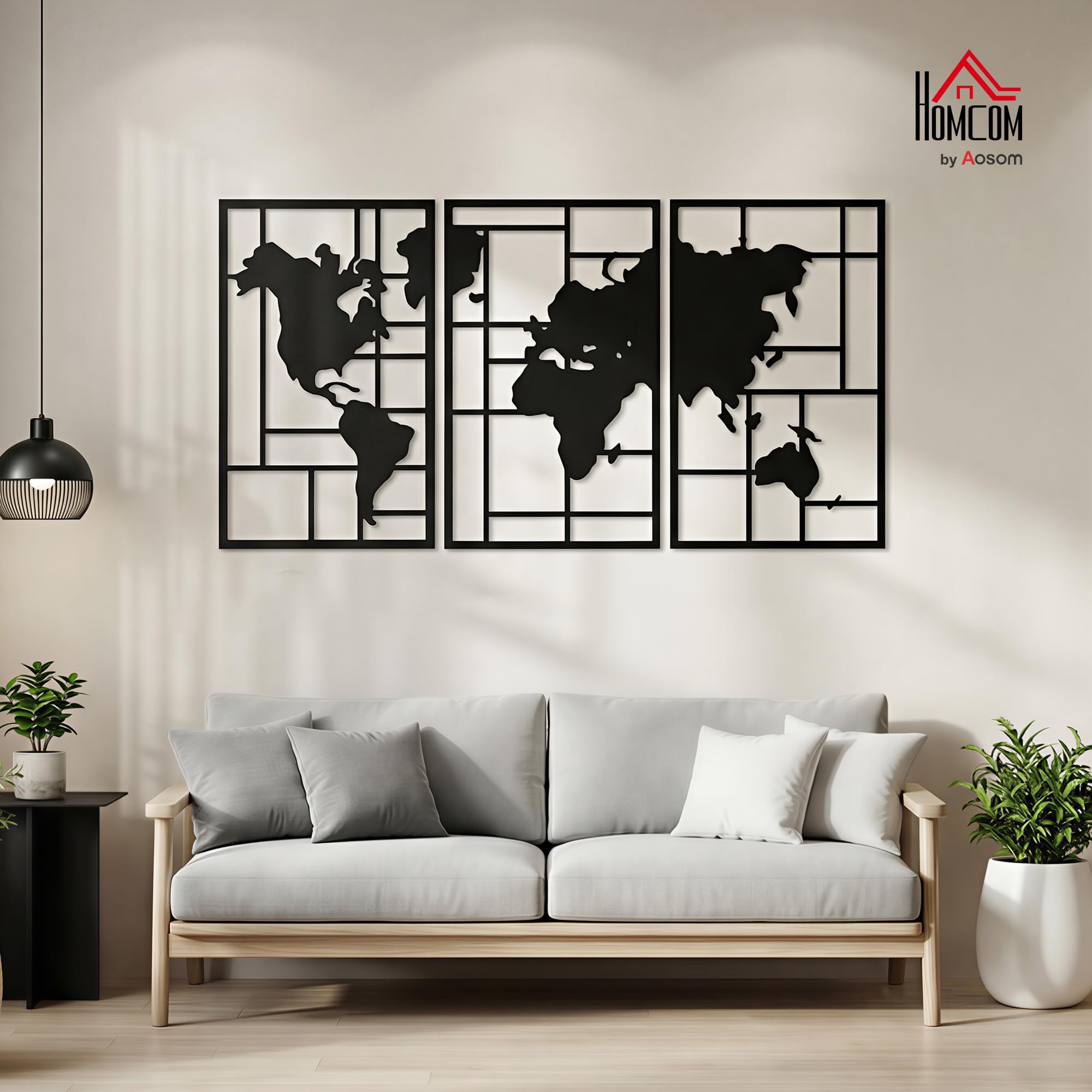 HOMCOM Wanddeko Weltkarte Metall 3er-Set 3D Wanddekoration Wandkunst für Wohnzimmer Schlafzimmer Flur, 50 x 80 cm, Schwarz