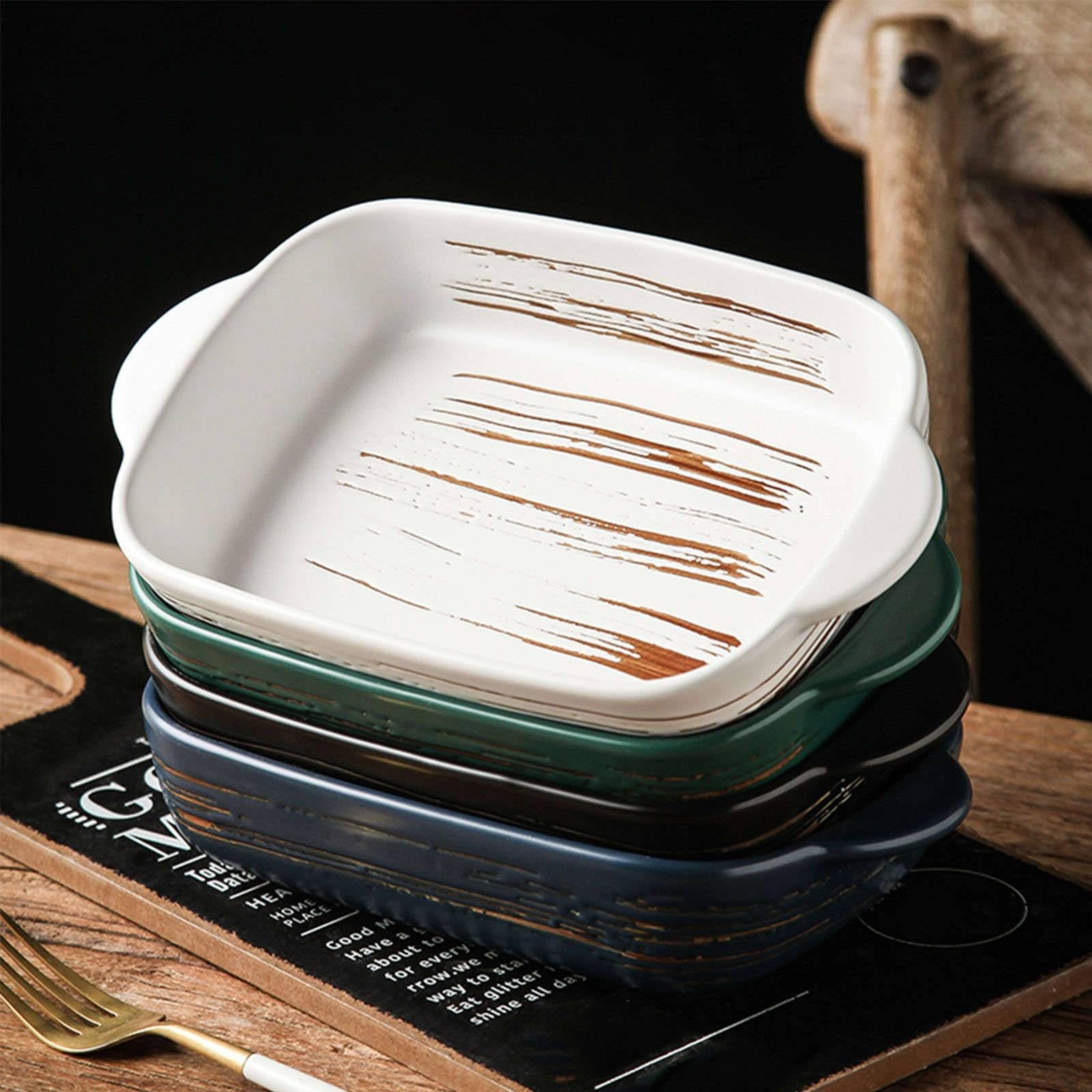 Sartén Rectangular de Porcelana y cerámica para lasaña con asa, Juego de 2 sartenes para Horno, Fuente para Horno, Color Blanco, 24 oz, 700 ml