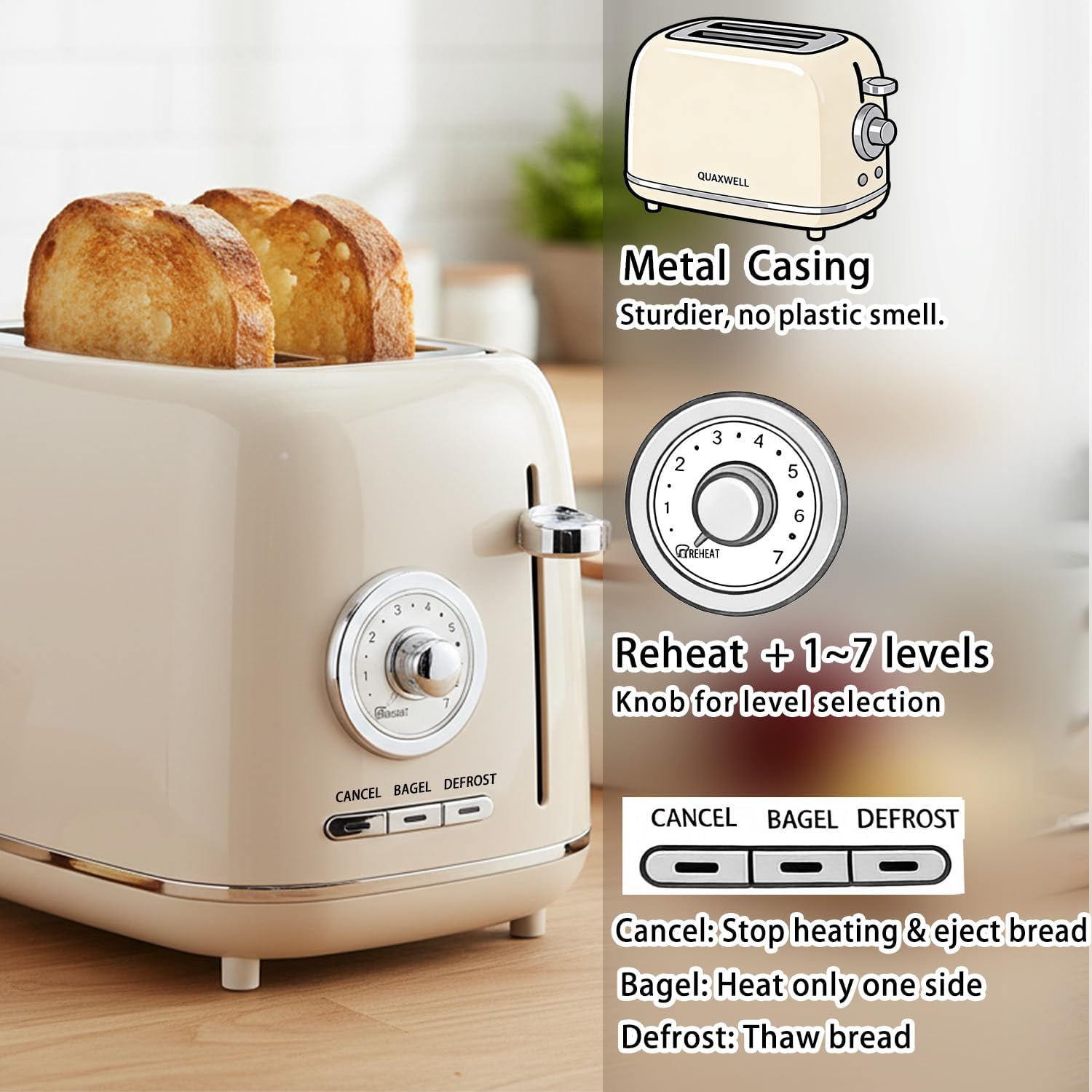 2-Slice Toaster, Wide Slots, 7 Bread Shade Settings, Stainless Steel, Bagel, Cancel, and Defrost Functions, Removable Crumb Tray, Retro Style Toaster,Beige