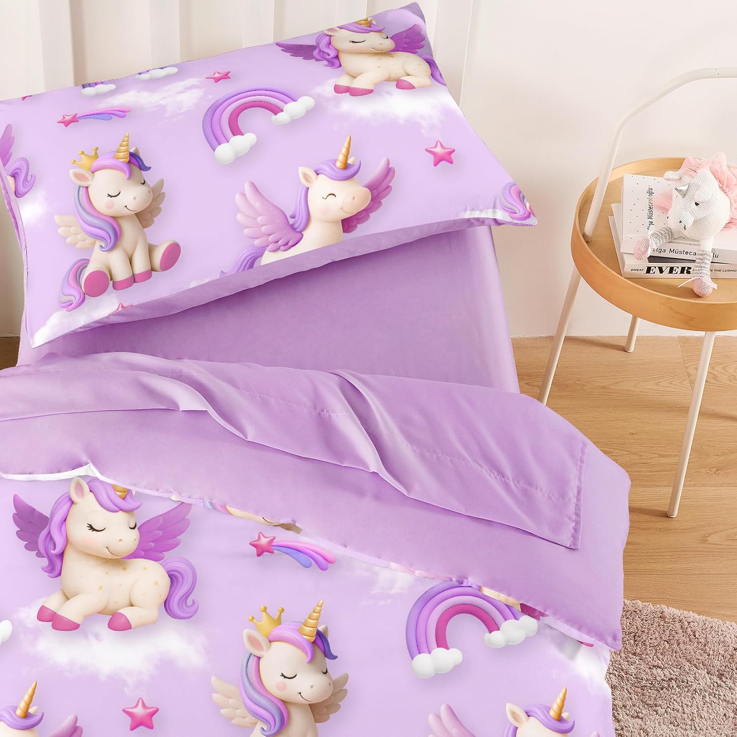Wake In Cloud - Toddler Bedding Set for Girls, 3D Unicorns Rainbow Clouds, 4 Pieces Soft Crib Bed Set Including Comforter, Sheets and Pillowcase, Purple