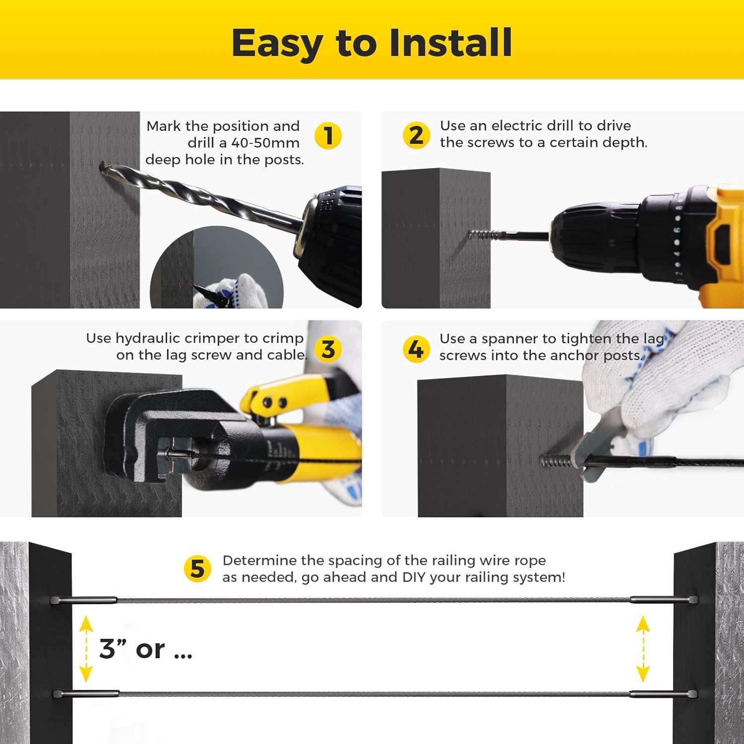 WAYSKA 40 Pack Black T316 Stainless Steel Cable Railing Hardware kit, 3/16" Black Right & Left Handed Thread Swage Lag Screws for Wood Post, DIY Deck Cable Railing System, Wrench Included(20 Pairs)