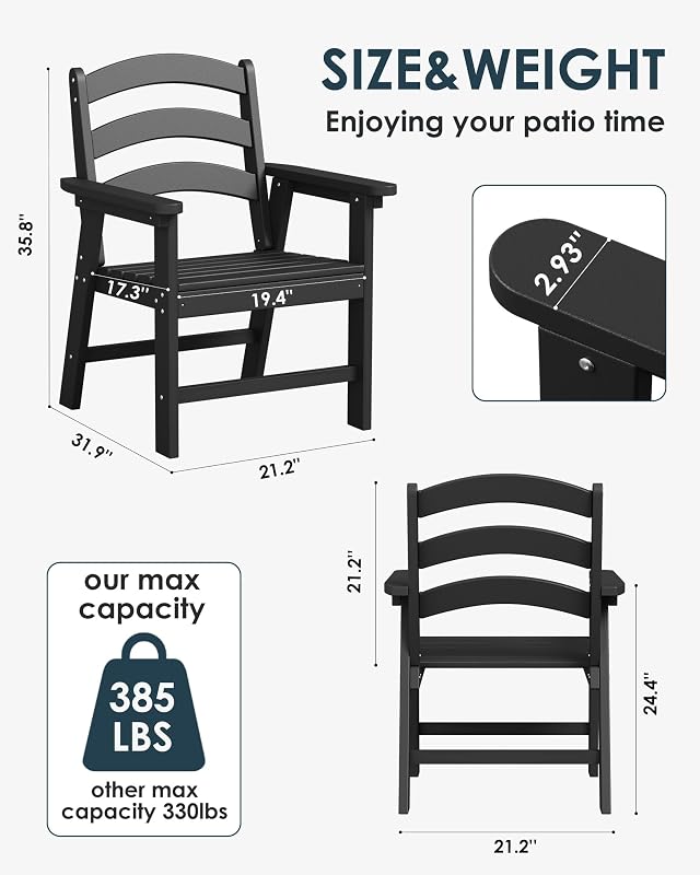 Adiromoti Patio Dining Chair, HDPE Outdoor Chairs with 385 lbs Weight Capacity, All Weather Fire Pit Chair for Porch, Pool, Deck, Backyard, Garden - Black image 3