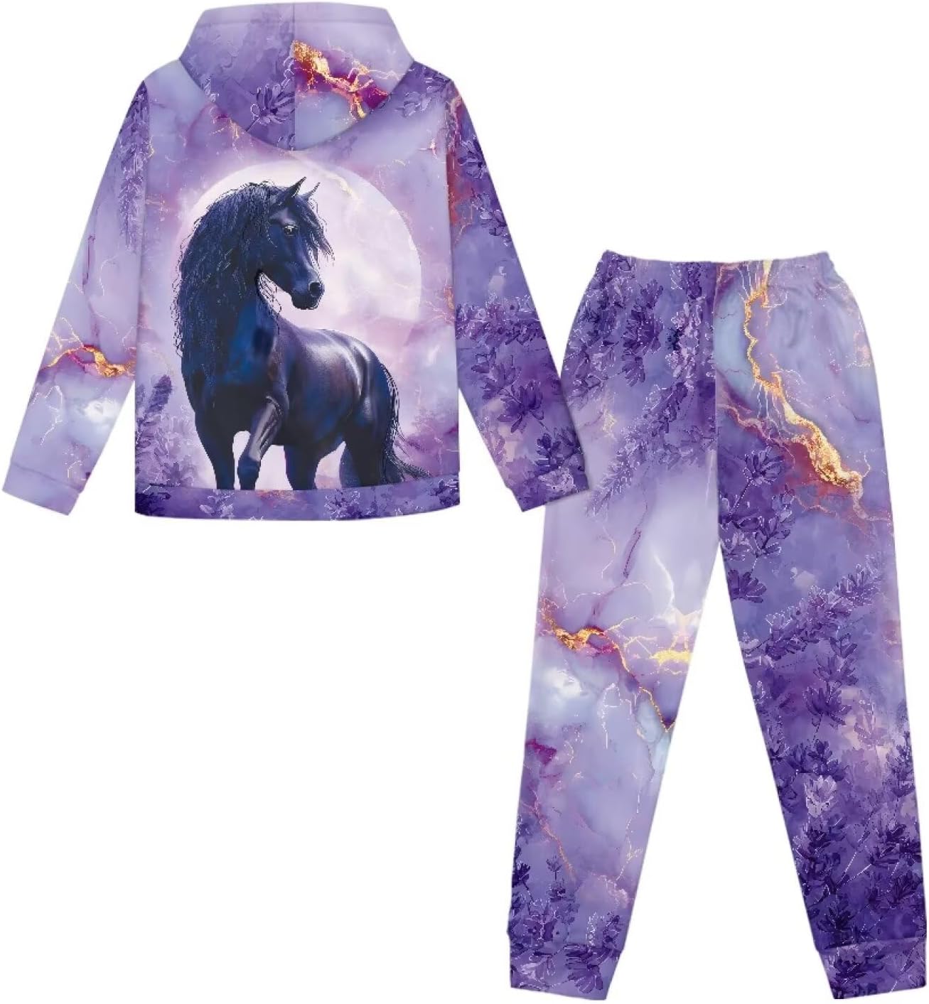 Gomyblomy Kids Hooded Sweatshirt and Sweatpants 2 Piece Jogger Set Boys Girls Tracksuit 5-12 Years Horse-theme Sweatsuit